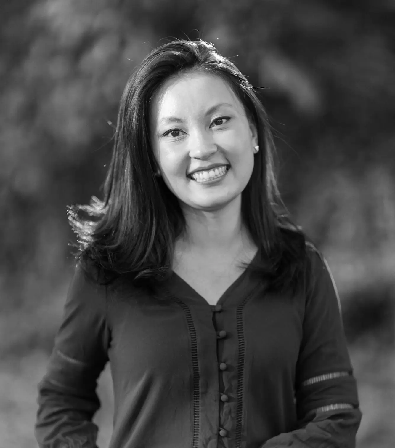 Black and white photo of Amanda, the bride