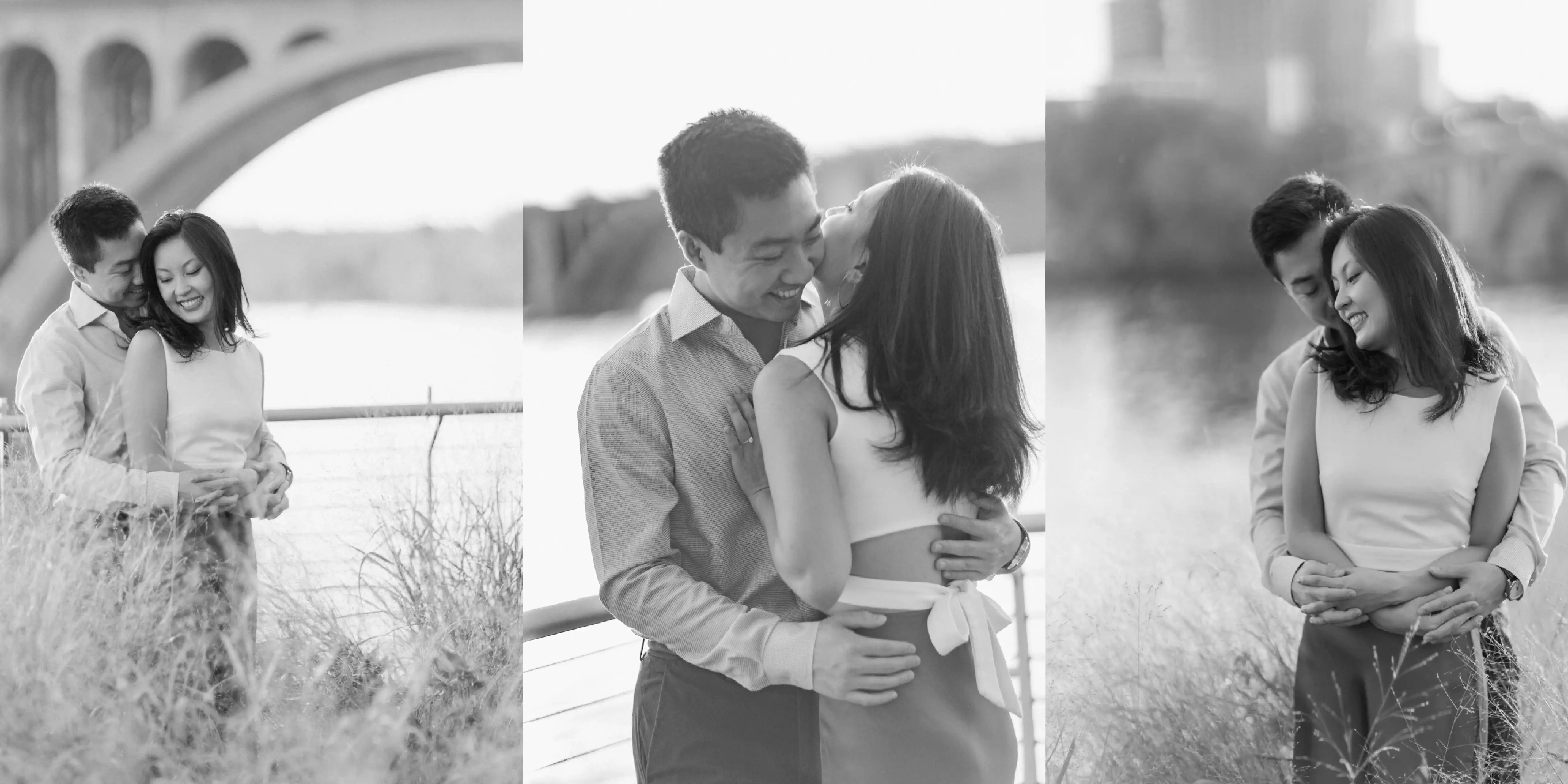 The couple embracing in front of the Potomac River in Washington DC
